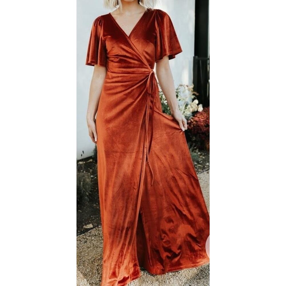 Baltic Born Meghan Velvet Wrap Long Maxi Dress Copper Rust Womens Size M EUC